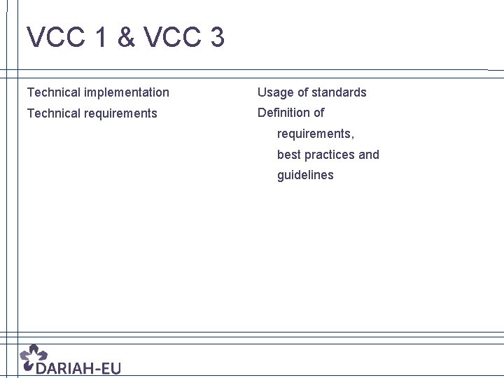 VCC 1 & VCC 3 Technical implementation Usage of standards Technical requirements Definition of