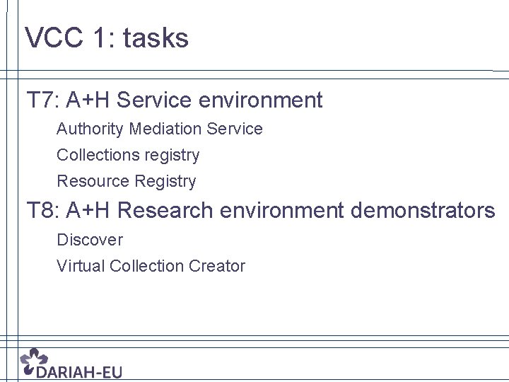 VCC 1: tasks T 7: A+H Service environment Authority Mediation Service Collections registry Resource