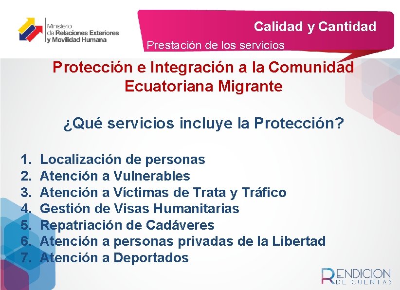 Calidad y Cantidad Prestación de los servicios Protección e Integración a la Comunidad Ecuatoriana