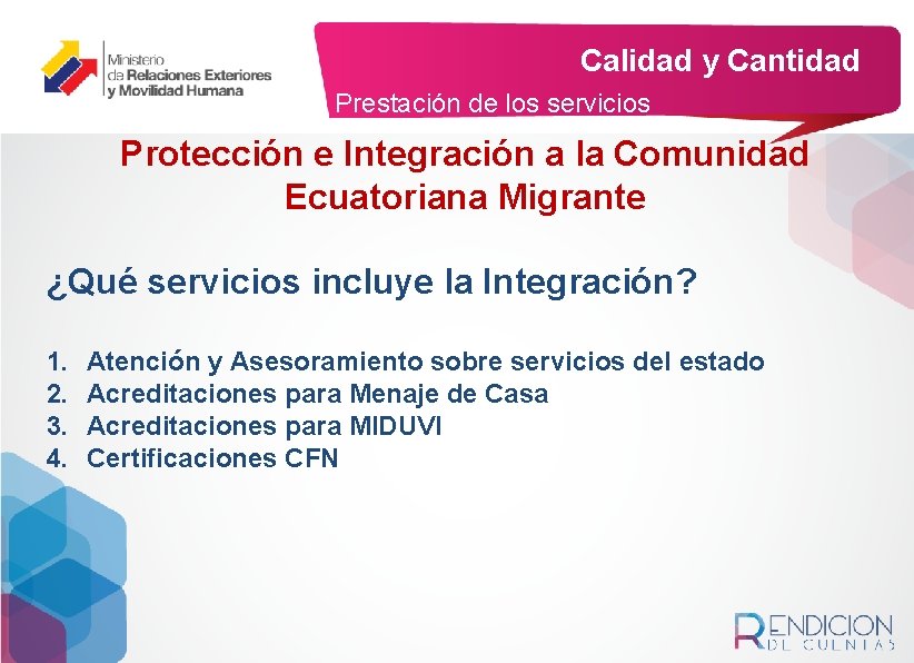 Calidad y Cantidad Prestación de los servicios Protección e Integración a la Comunidad Ecuatoriana