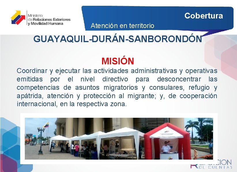 Cobertura Atención en territorio GUAYAQUIL-DURÁN-SANBORONDÓN MISIÓN Coordinar y ejecutar las actividades administrativas y operativas