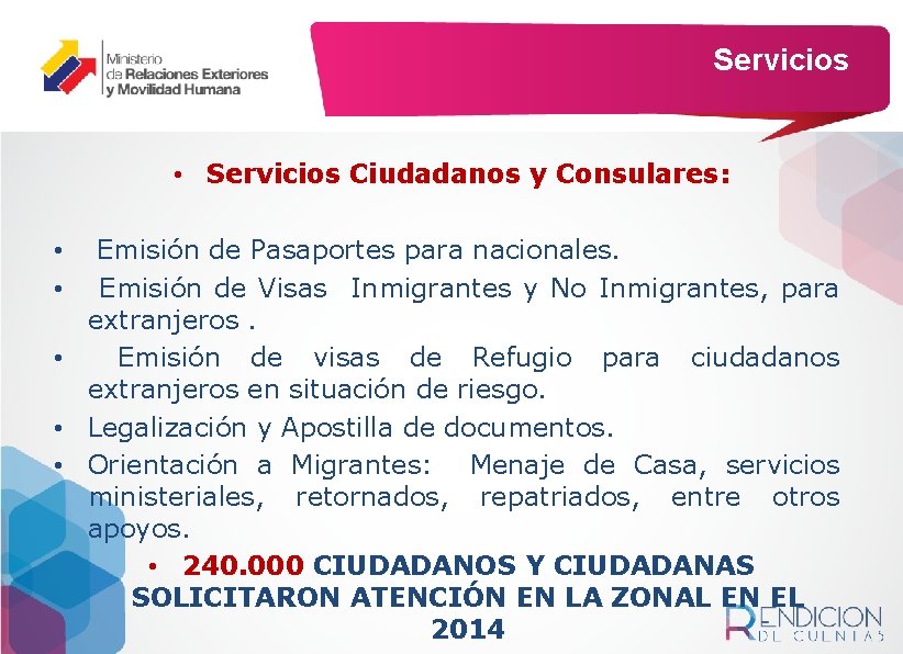 Servicios • Servicios Ciudadanos y Consulares: Emisión de Pasaportes para nacionales. Emisión de Visas