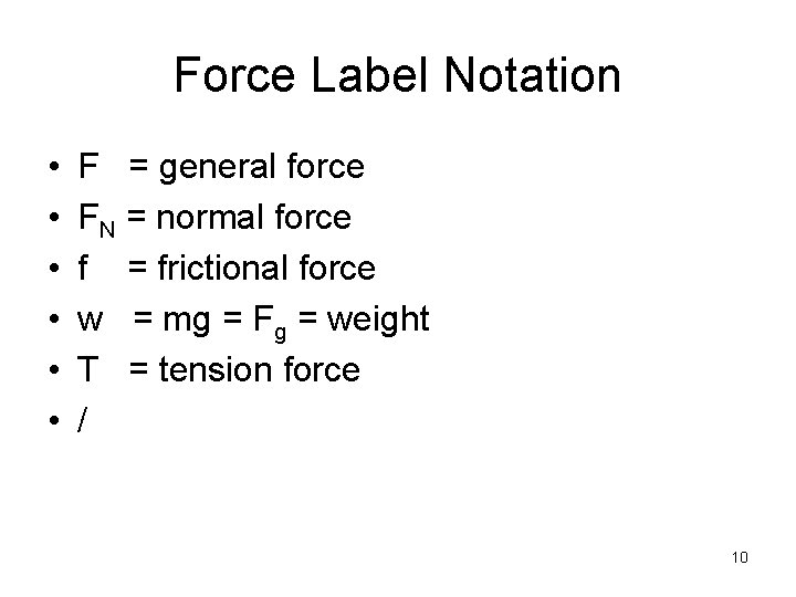 Force Label Notation • • • F = general force FN = normal force