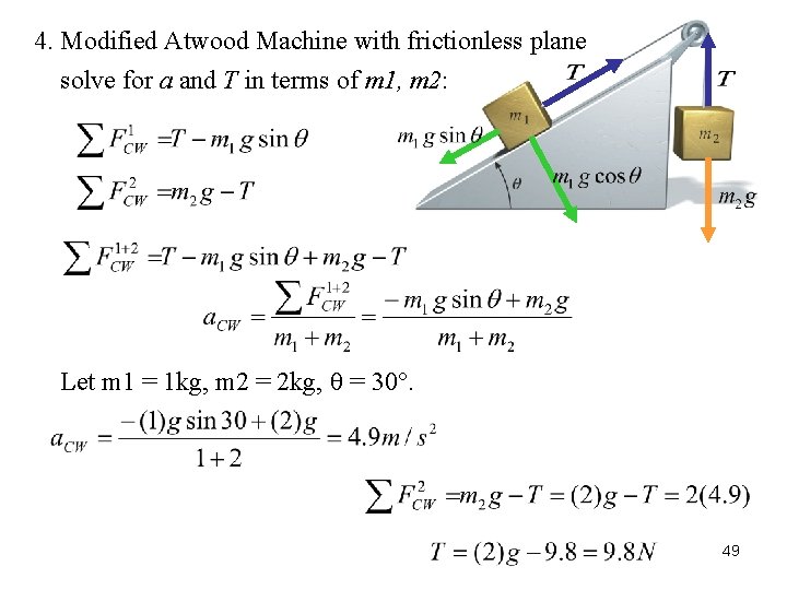 4. Modified Atwood Machine with frictionless plane solve for a and T in terms