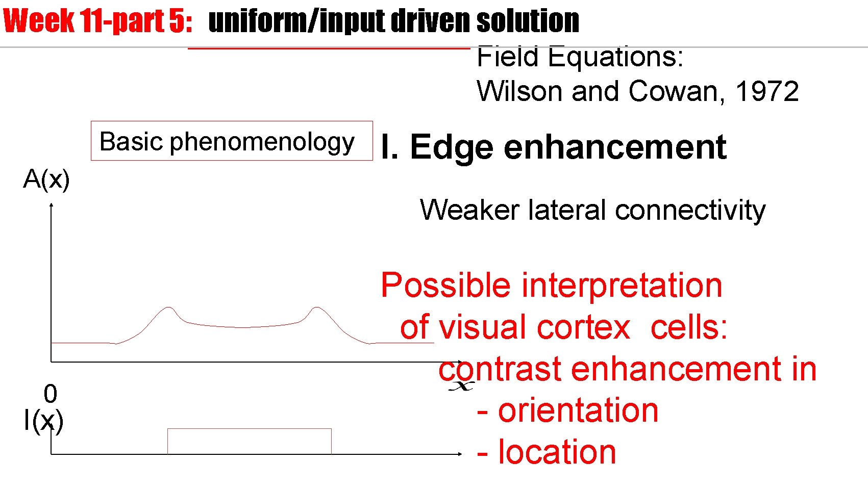Week 11 -part 5: uniform/input driven solution Field Equations: Wilson and Cowan, 1972 Basic