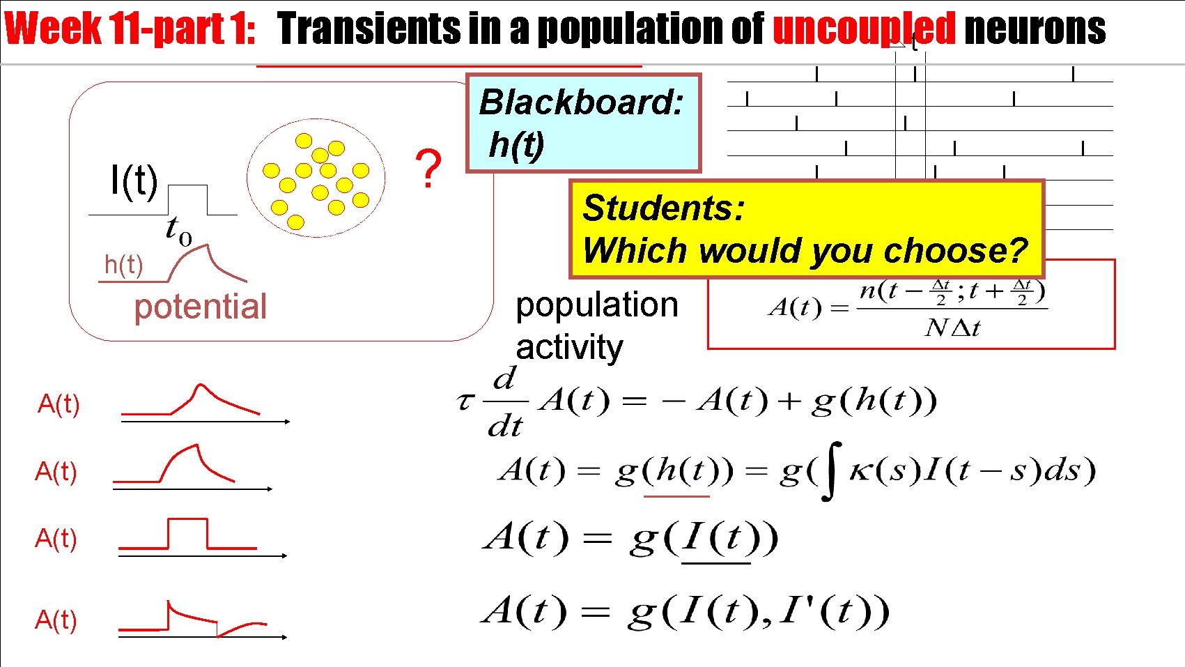 Week 11 -part 1: Transients in a population of uncoupled neurons t I(t) h(t)