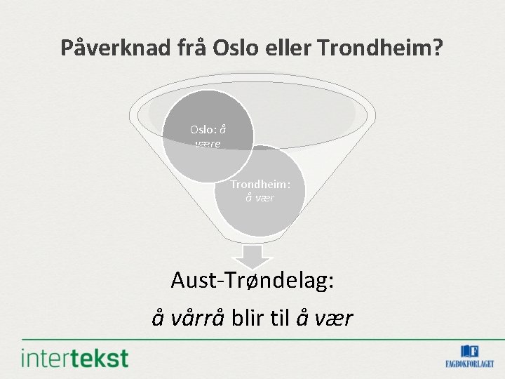 Påverknad frå Oslo eller Trondheim? Oslo: å være Trondheim: å vær Aust-Trøndelag: å vårrå