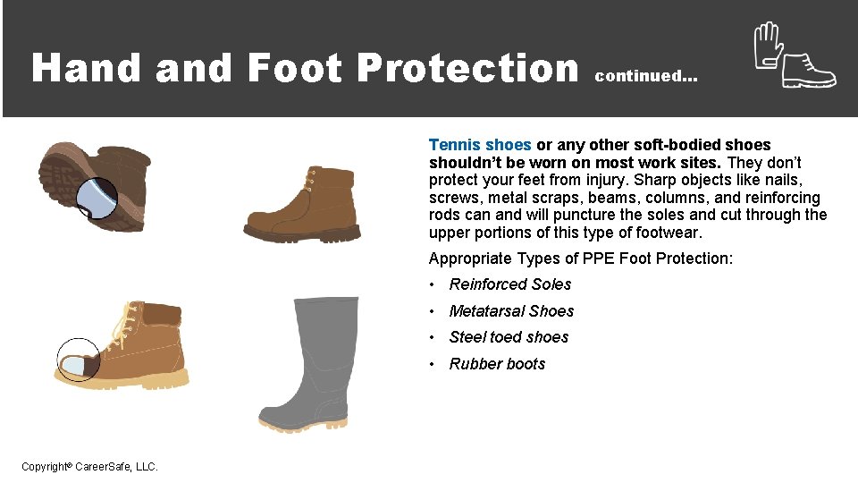 Hand Foot Protection continued… Tennis shoes or any other soft-bodied shoes shouldn’t be worn