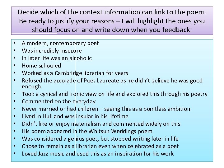 Decide which of the context information can link to the poem. Be ready to