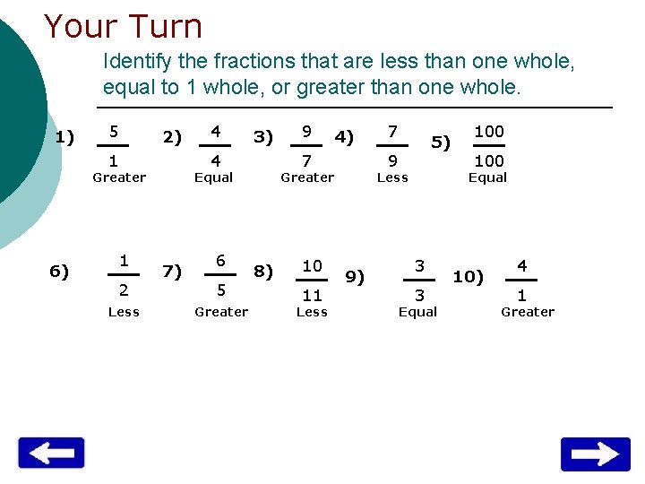 Your Turn Identify the fractions that are less than one whole, equal to 1