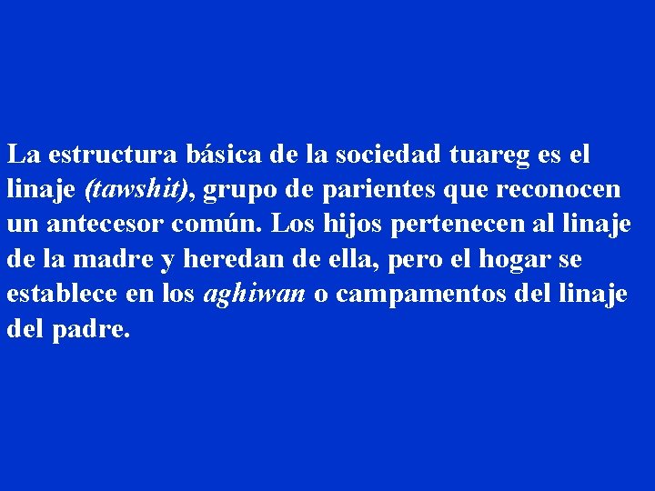 La estructura básica de la sociedad tuareg es el linaje (tawshit), grupo de parientes