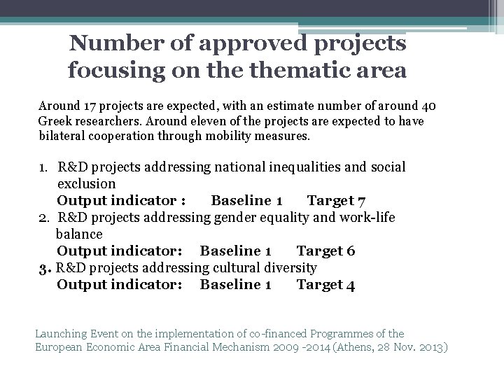 Number of approved projects focusing on thematic area Around 17 projects are expected, with