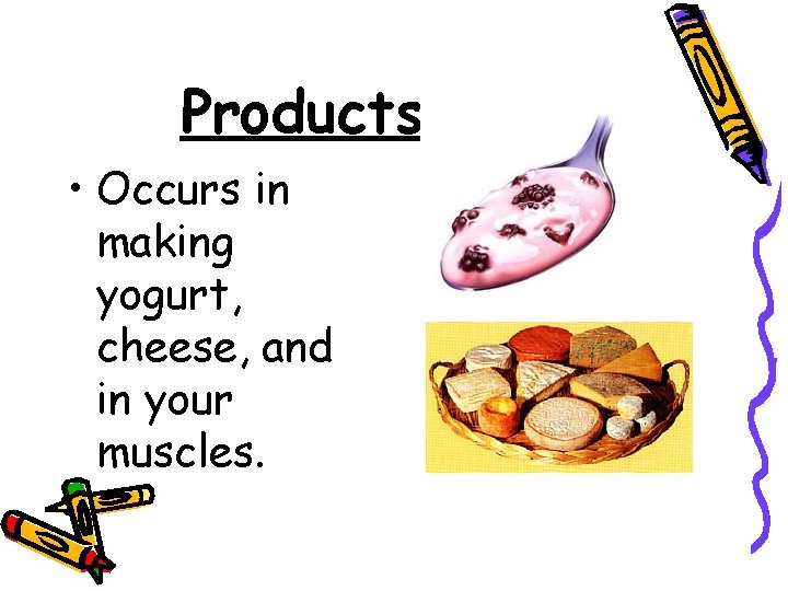 Products • Occurs in making yogurt, cheese, and in your muscles. 