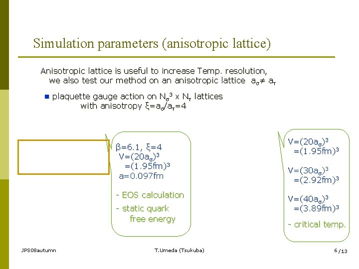 Simulation parameters (anisotropic lattice) Anisotropic lattice is useful to increase Temp. resolution, we also