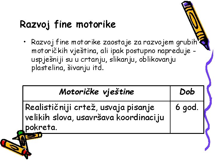 Razvoj fine motorike • Razvoj fine motorike zaostaje za razvojem grubih motoričkih vještina, ali