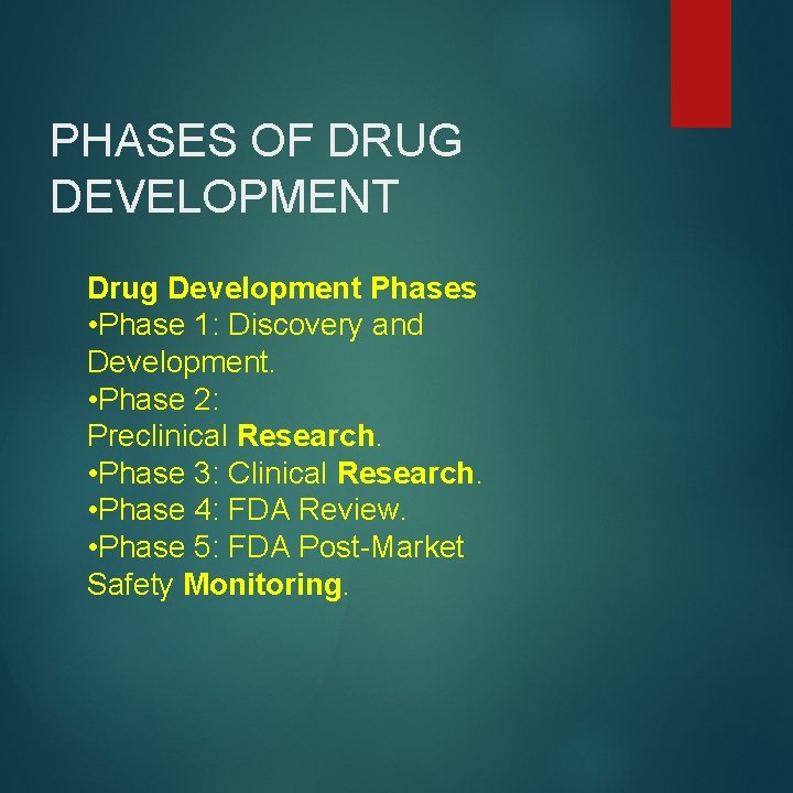 PHASES OF DRUG DEVELOPMENT Drug Development Phases • Phase 1: Discovery and Development. •