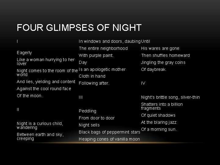 FOUR GLIMPSES OF NIGHT I Eagerly Like a woman hurrying to her lover In FOUR GLIMPSES OF NIGHT I Eagerly Like a woman hurrying to her lover In