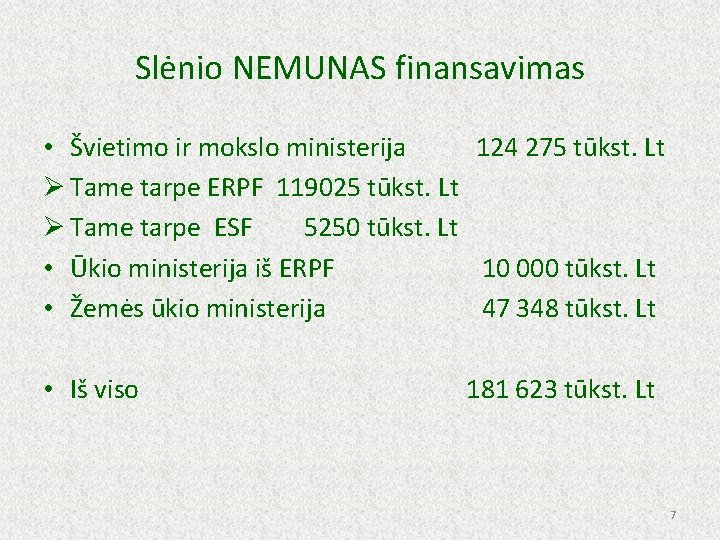 Slėnio NEMUNAS finansavimas • Švietimo ir mokslo ministerija 124 275 tūkst. Lt Ø Tame