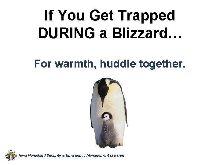 If You Get Trapped DURING a Blizzard… For warmth, huddle together. Iowa Homeland Security