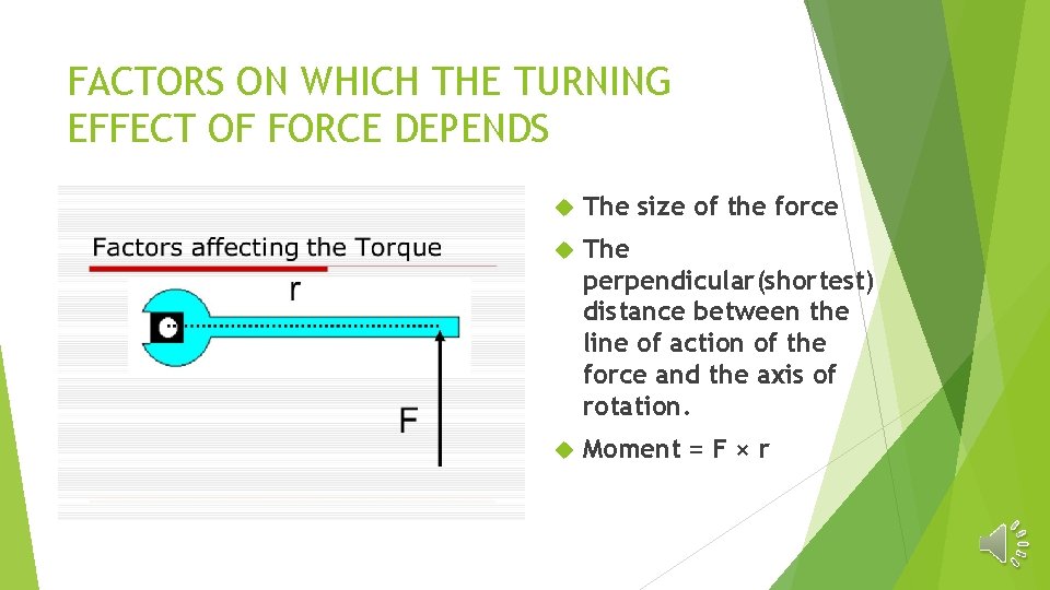 FACTORS ON WHICH THE TURNING EFFECT OF FORCE DEPENDS The size of the force