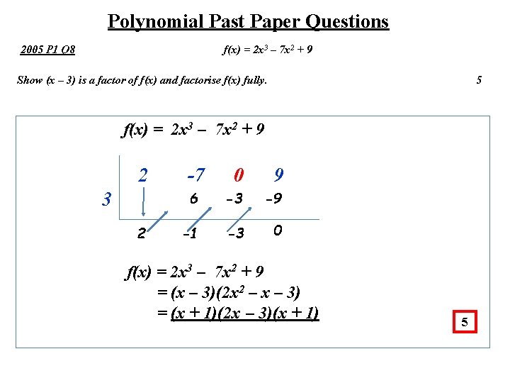 Polynomial Past Paper Questions 2005 P 1 Q 8 f(x) = 2 x 3