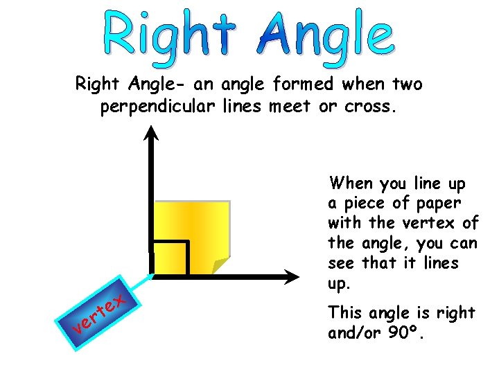 Right Angle- an angle formed when two perpendicular lines meet or cross. When you