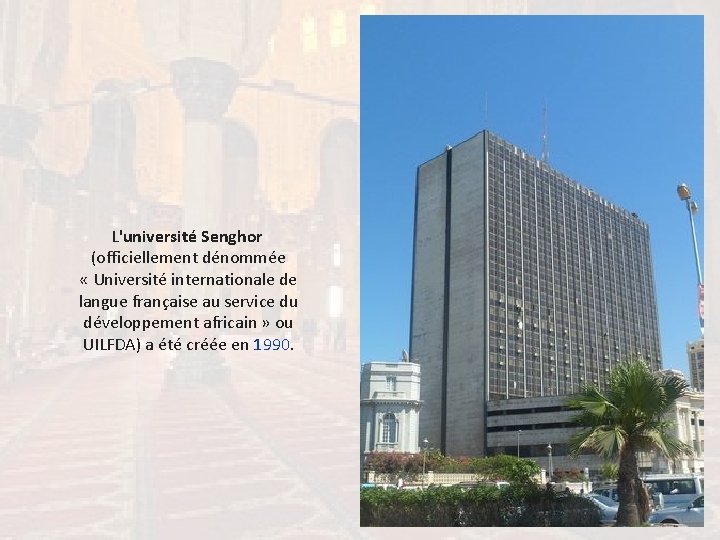 L'université Senghor (officiellement dénommée « Université internationale de langue française au service du développement