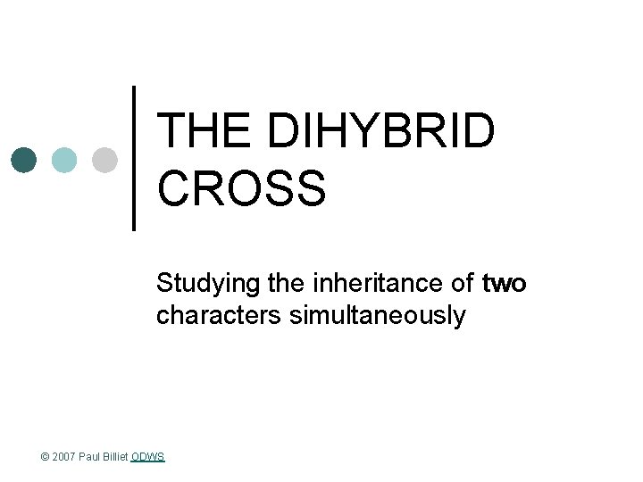 THE DIHYBRID CROSS Studying the inheritance of two characters simultaneously © 2007 Paul Billiet