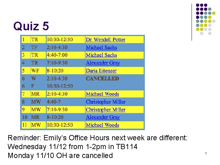 Quiz 5 Reminder: Emily’s Office Hours next week are different: Wednesday 11/12 from 1