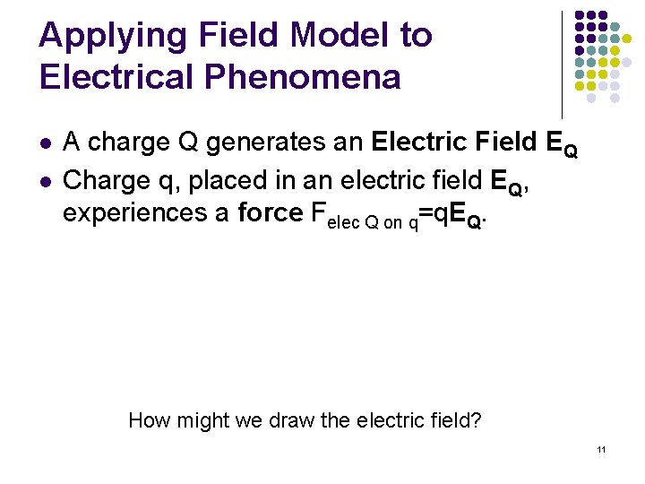 Applying Field Model to Electrical Phenomena l l A charge Q generates an Electric