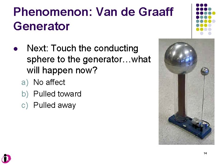 Phenomenon: Van de Graaff Generator l Next: Touch the conducting sphere to the generator…what