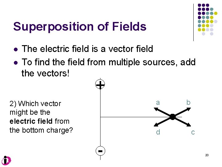 Superposition of Fields l l The electric field is a vector field To find