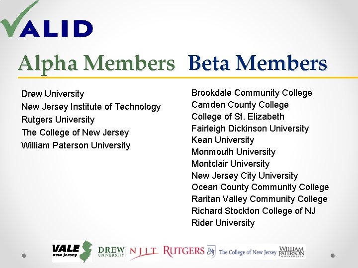 Alpha Members Beta Members Drew University New Jersey Institute of Technology Rutgers University The Alpha Members Beta Members Drew University New Jersey Institute of Technology Rutgers University The