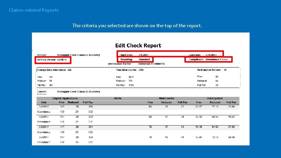 Claims-related Reports The criteria you selected are shown on the top of the report.