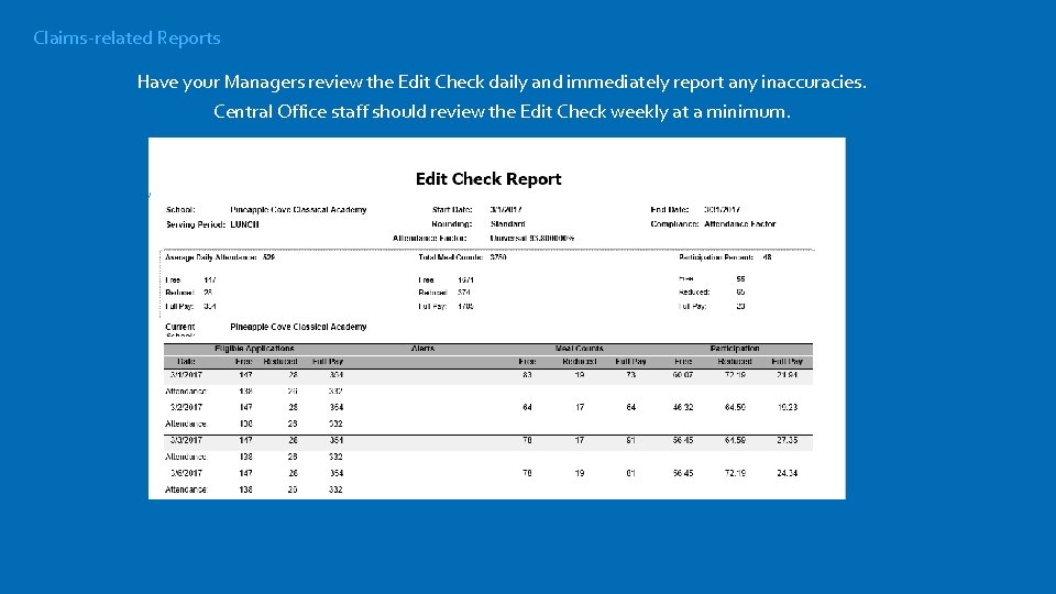 Claims-related Reports Have your Managers review the Edit Check daily and immediately report any