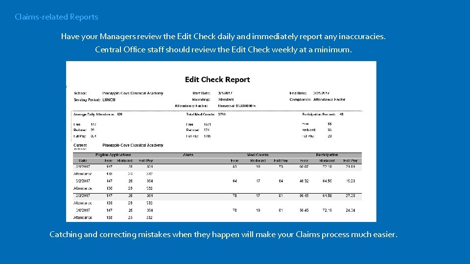 Claims-related Reports Have your Managers review the Edit Check daily and immediately report any
