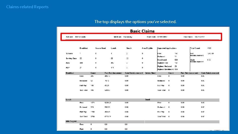 Claims-related Reports The top displays the options you’ve selected. 