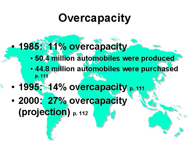 Overcapacity • 1985: 11% overcapacity • 50. 4 million automobiles were produced • 44.