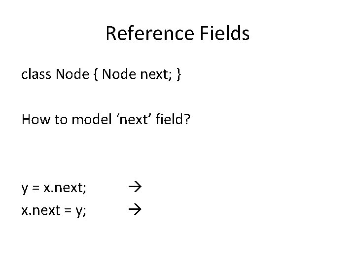 Reference Fields class Node { Node next; } How to model ‘next’ field? y