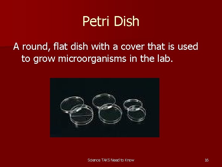 Petri Dish A round, flat dish with a cover that is used to grow