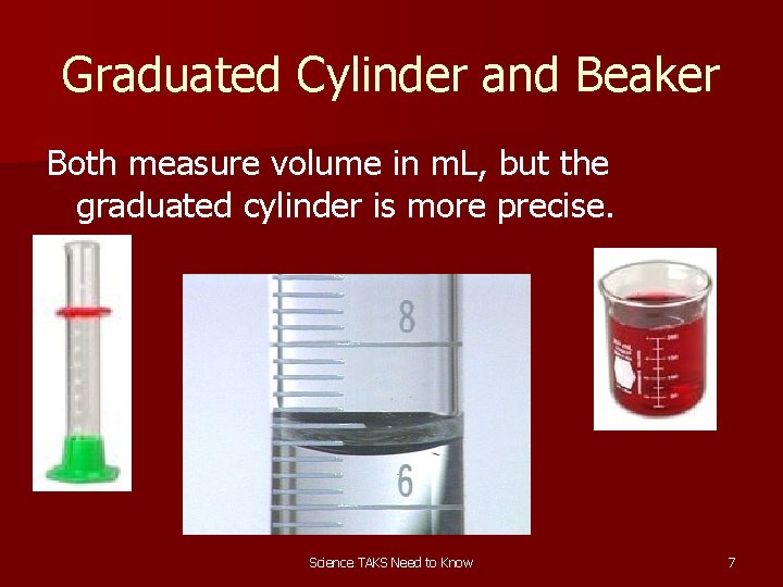 Graduated Cylinder and Beaker Both measure volume in m. L, but the graduated cylinder