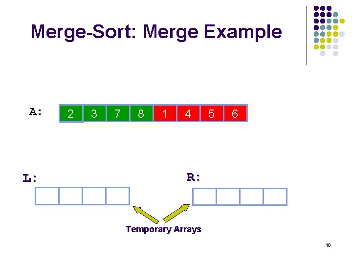 Merge-Sort: Merge Example A: 2 5 3 5 7 28 8 30 1 15