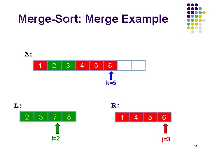 Merge-Sort: Merge Example A: 1 2 3 4 5 6 10 14 k=5 R: