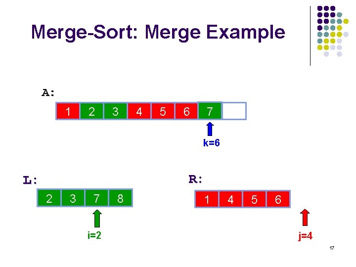 Merge-Sort: Merge Example A: 1 2 3 4 5 7 6 14 k=6 R: