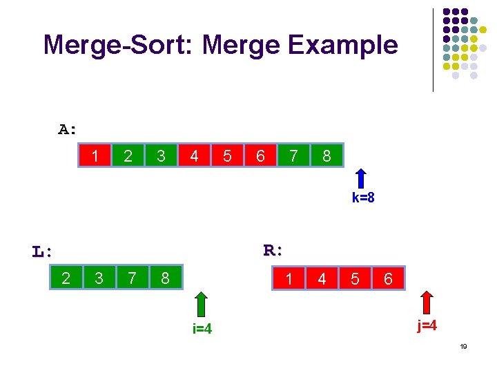 Merge-Sort: Merge Example A: 1 2 3 4 5 6 7 8 k=8 R: