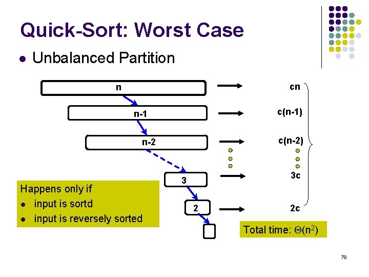 Quick-Sort: Worst Case l Unbalanced Partition cn n c(n-1) n-1 c(n-2) n-2 Happens only