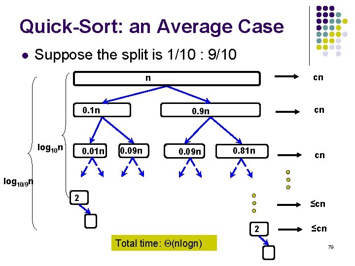 Quick-Sort: an Average Case l Suppose the split is 1/10 : 9/10 cn n