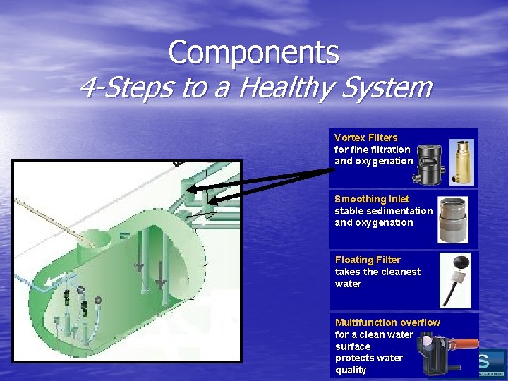 Components 4 -Steps to a Healthy System Vortex Filters for fine filtration and oxygenation
