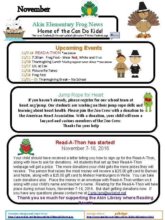 November Akin Elementary Frog News Home of the Can Do Kids! “like” us on