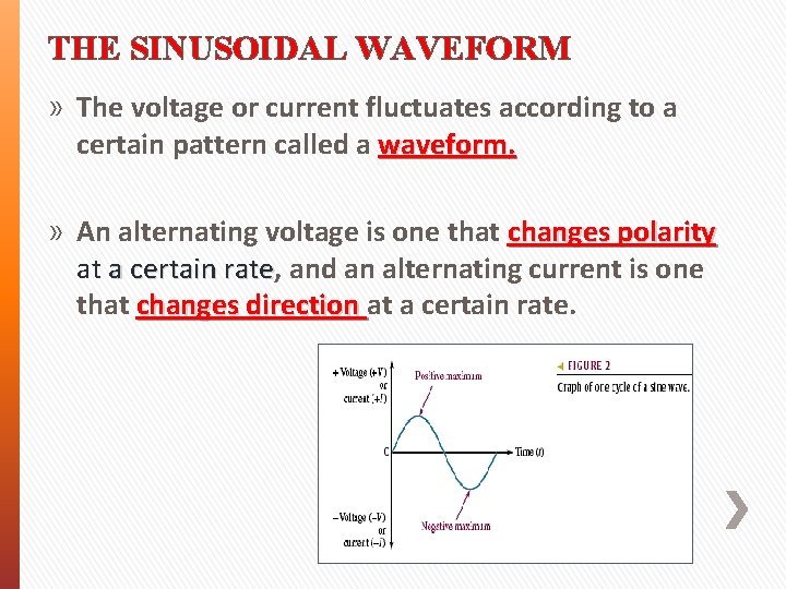 THE SINUSOIDAL WAVEFORM » The voltage or current fluctuates according to a certain pattern THE SINUSOIDAL WAVEFORM » The voltage or current fluctuates according to a certain pattern